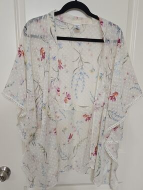 Sheer Floral Lace-Trim Kimono Robe - White Floral